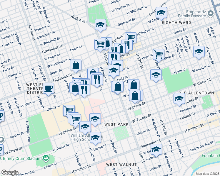 map of restaurants, bars, coffee shops, grocery stores, and more near 1509 Early Street in Allentown