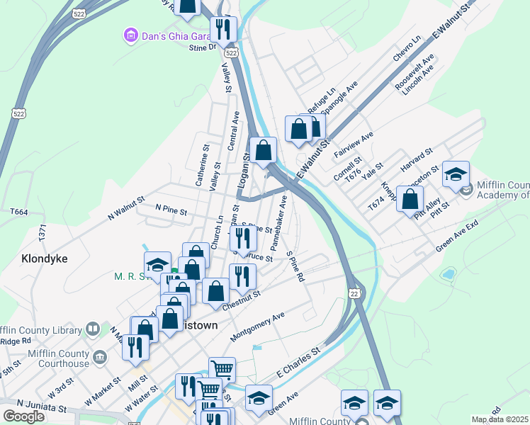 map of restaurants, bars, coffee shops, grocery stores, and more near 228 Shaw Avenue in Lewistown