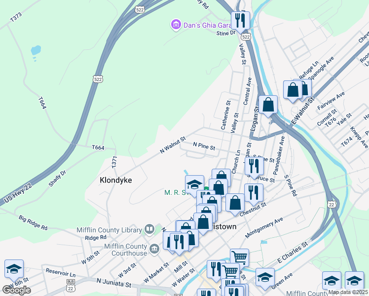 map of restaurants, bars, coffee shops, grocery stores, and more near 100 Pine Court in Lewistown
