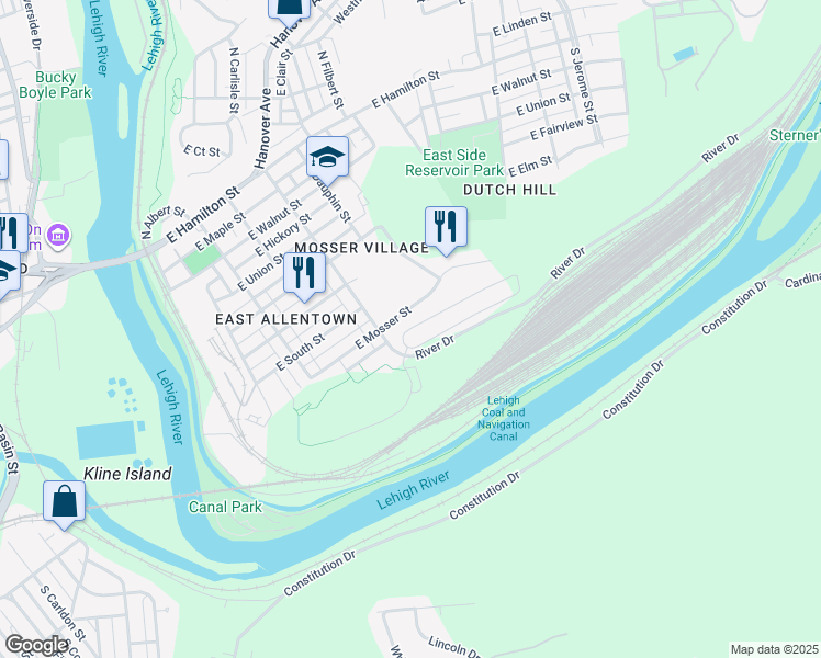 map of restaurants, bars, coffee shops, grocery stores, and more near 408 East Mosser Street in Allentown