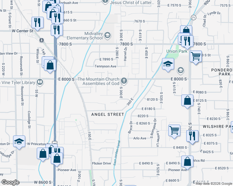 map of restaurants, bars, coffee shops, grocery stores, and more near in Sandy