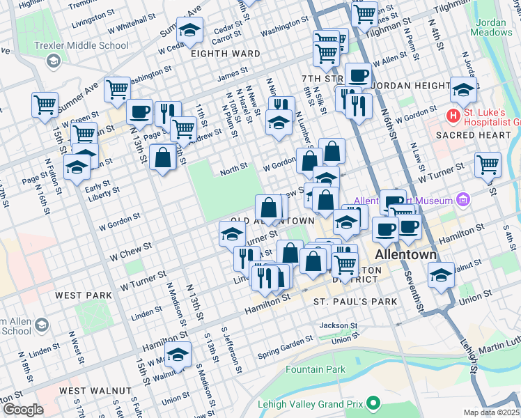 map of restaurants, bars, coffee shops, grocery stores, and more near 1012 West Chew Street in Allentown