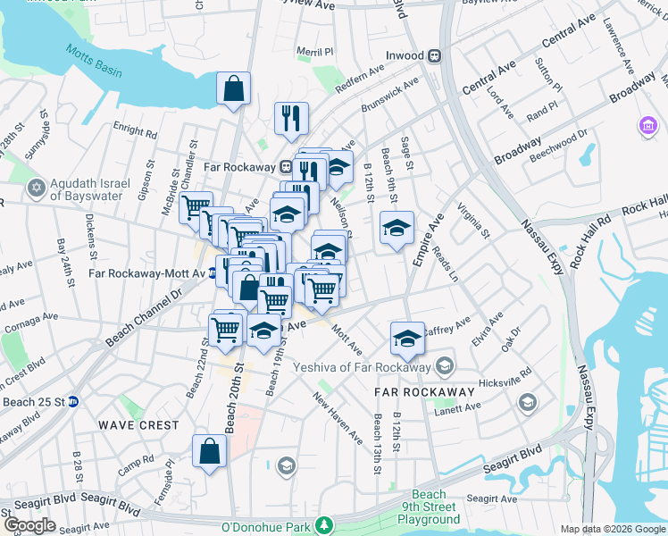 map of restaurants, bars, coffee shops, grocery stores, and more near 13-16 Dinsmore Avenue in Queens