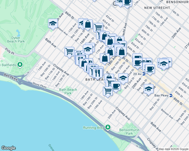 map of restaurants, bars, coffee shops, grocery stores, and more near 8753 Bay 16th Street in Brooklyn
