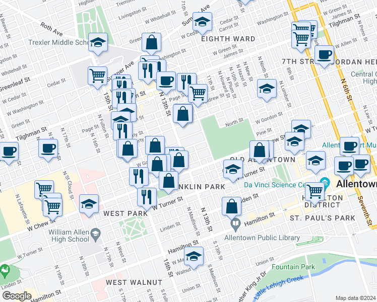 map of restaurants, bars, coffee shops, grocery stores, and more near 1242 West Gordon Street in Allentown