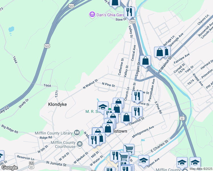 map of restaurants, bars, coffee shops, grocery stores, and more near 57 North Pine Street in Lewistown