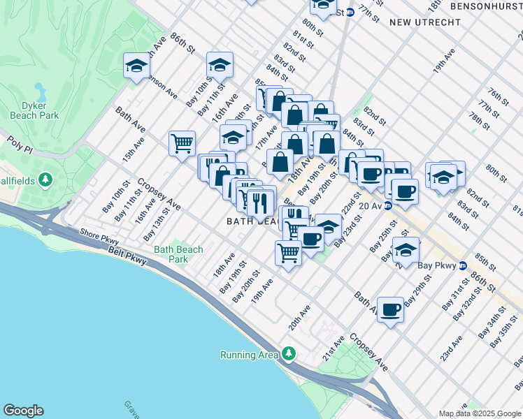map of restaurants, bars, coffee shops, grocery stores, and more near 8730 18th Avenue in Brooklyn