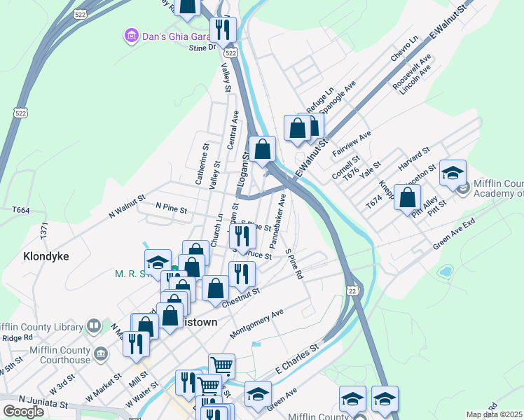 map of restaurants, bars, coffee shops, grocery stores, and more near 228 Shaw Avenue in Lewistown