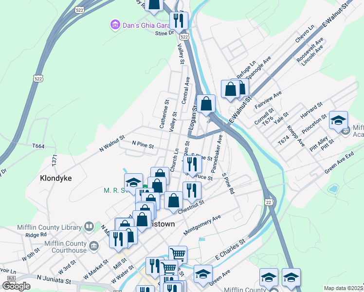 map of restaurants, bars, coffee shops, grocery stores, and more near 217 Logan Street in Lewistown