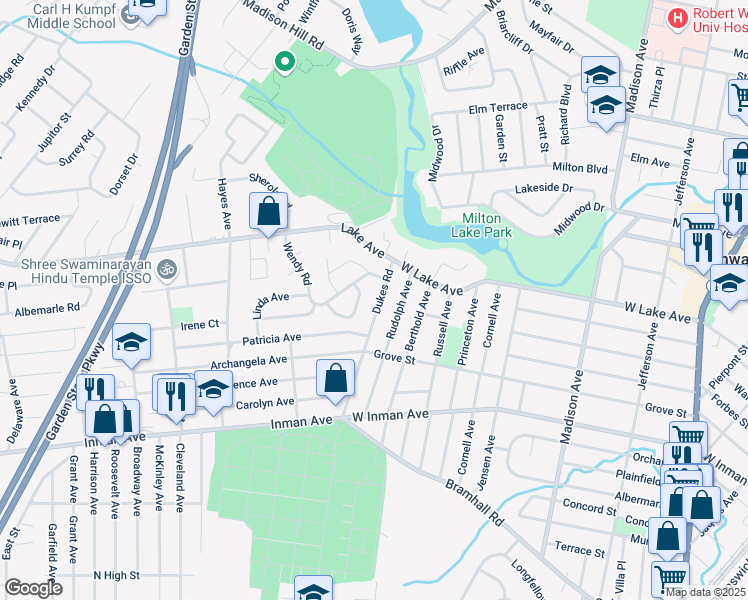 map of restaurants, bars, coffee shops, grocery stores, and more near 379 Dukes Road in Woodbridge Township