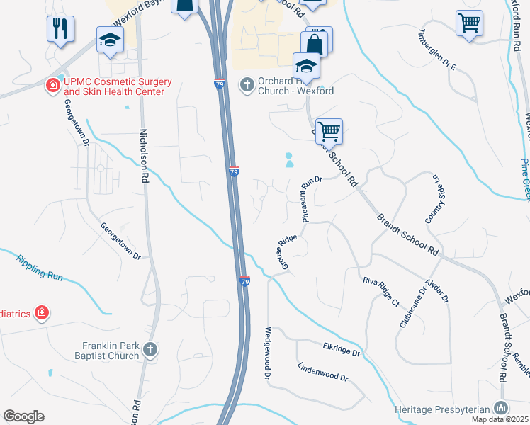 map of restaurants, bars, coffee shops, grocery stores, and more near 2653 Hunters Point Drive in Wexford