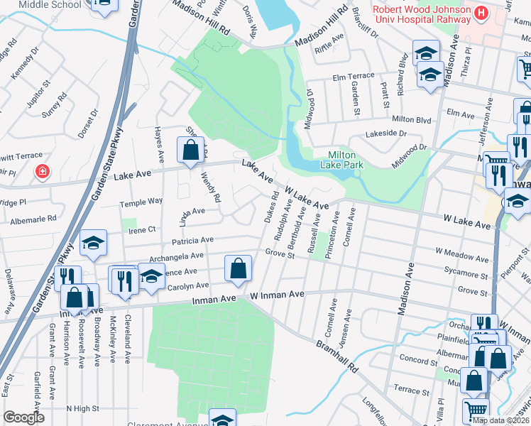 map of restaurants, bars, coffee shops, grocery stores, and more near 379 Dukes Road in Woodbridge Township