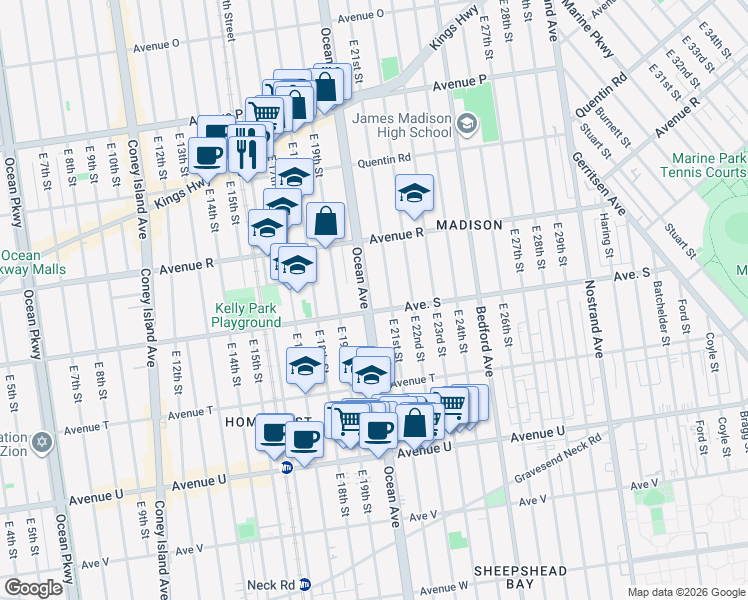 map of restaurants, bars, coffee shops, grocery stores, and more near 2355 Ocean Avenue in Brooklyn