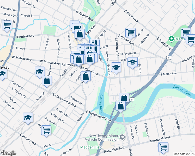 map of restaurants, bars, coffee shops, grocery stores, and more near 200 East Milton Avenue in Rahway