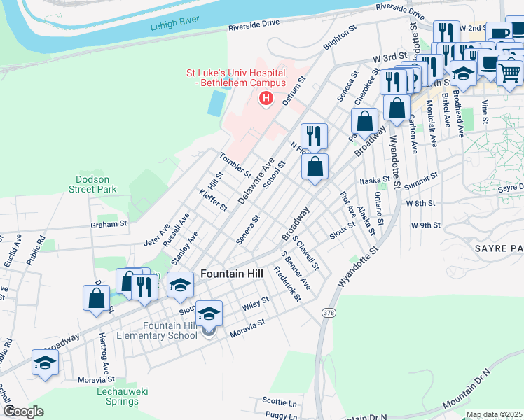map of restaurants, bars, coffee shops, grocery stores, and more near in Fountain Hill