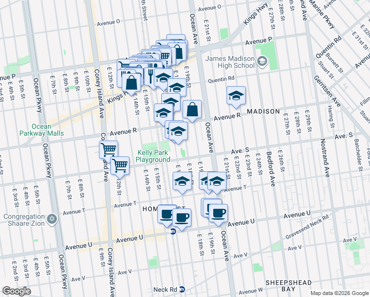 map of restaurants, bars, coffee shops, grocery stores, and more near 1845 East 18th Street in Brooklyn