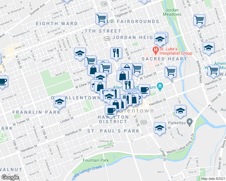 map of restaurants, bars, coffee shops, grocery stores, and more near 721 West Turner Street in Allentown