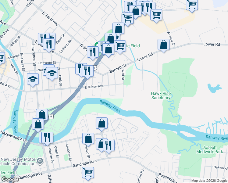 map of restaurants, bars, coffee shops, grocery stores, and more near 1930 Henry Street in Rahway