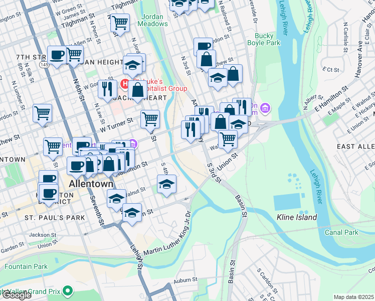 map of restaurants, bars, coffee shops, grocery stores, and more near 330-360 Hamilton Street in Allentown