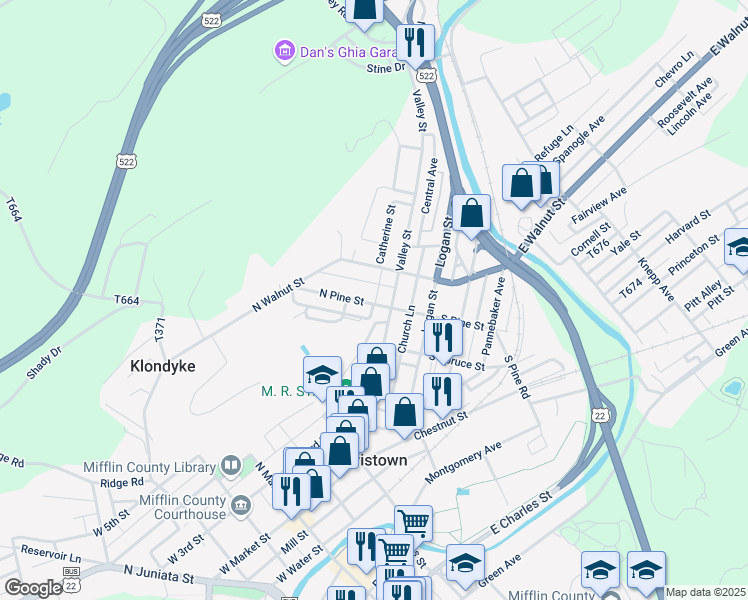 map of restaurants, bars, coffee shops, grocery stores, and more near 14 North Pine Street in Lewistown
