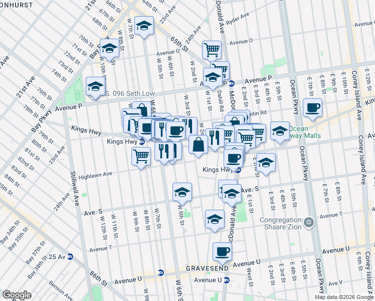 map of restaurants, bars, coffee shops, grocery stores, and more near 355 Kings Highway in Brooklyn