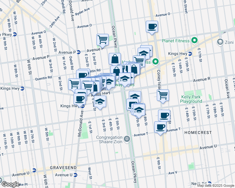 map of restaurants, bars, coffee shops, grocery stores, and more near 501 Avenue R in Brooklyn