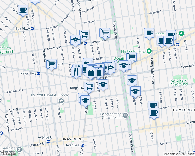map of restaurants, bars, coffee shops, grocery stores, and more near 503 Kings Highway in Brooklyn