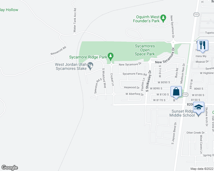 map of restaurants, bars, coffee shops, grocery stores, and more near 8077 South Wickford Way in West Jordan