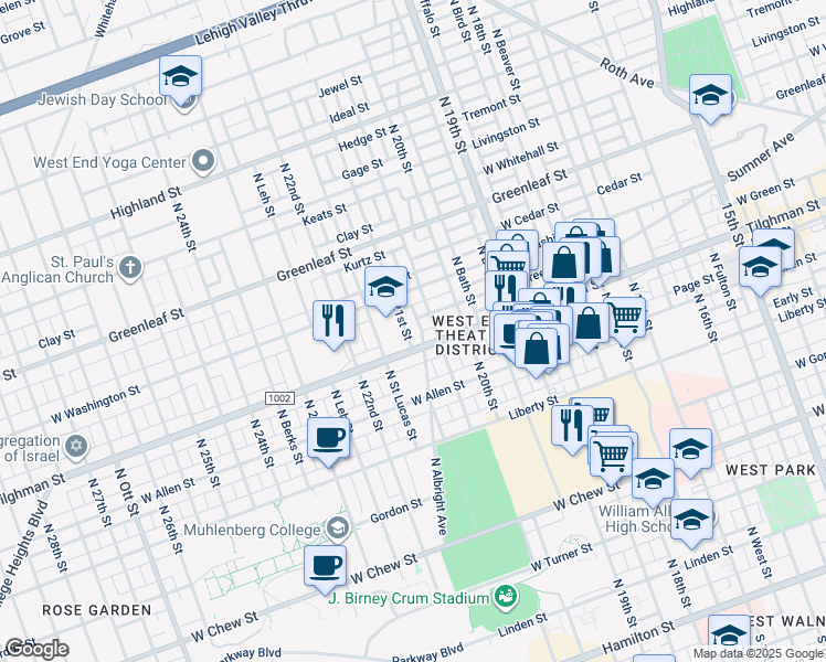 map of restaurants, bars, coffee shops, grocery stores, and more near 715 North 21st Street in Allentown