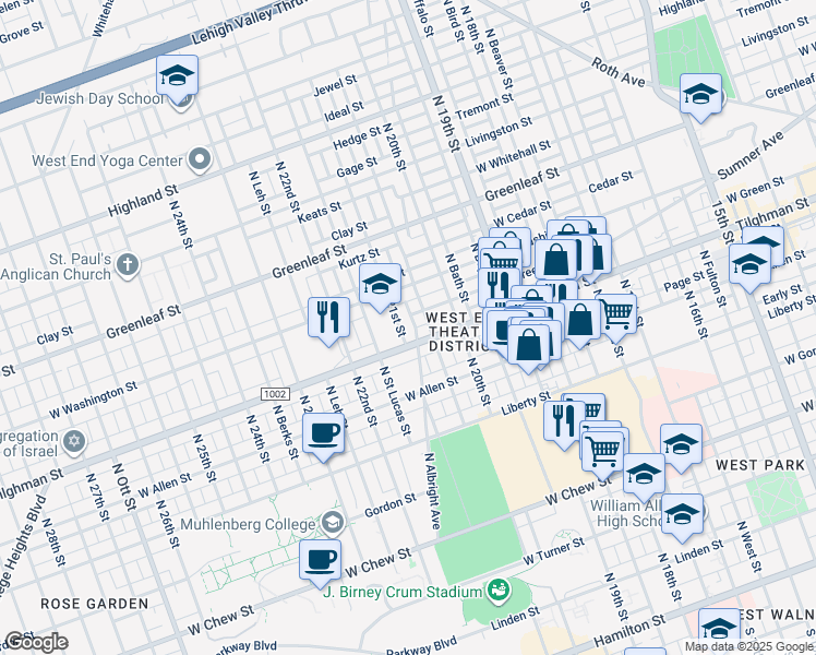 map of restaurants, bars, coffee shops, grocery stores, and more near 715 North 21st Street in Allentown