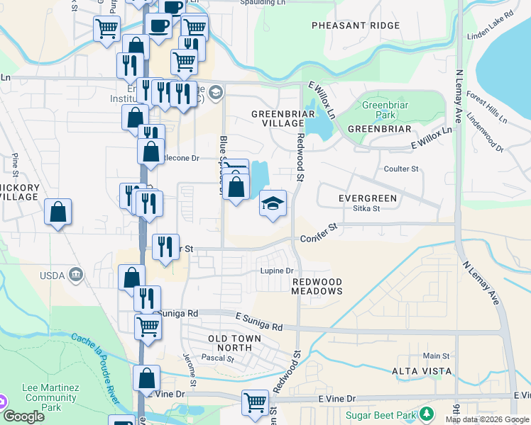 map of restaurants, bars, coffee shops, grocery stores, and more near 500 Nokomis Court in Fort Collins