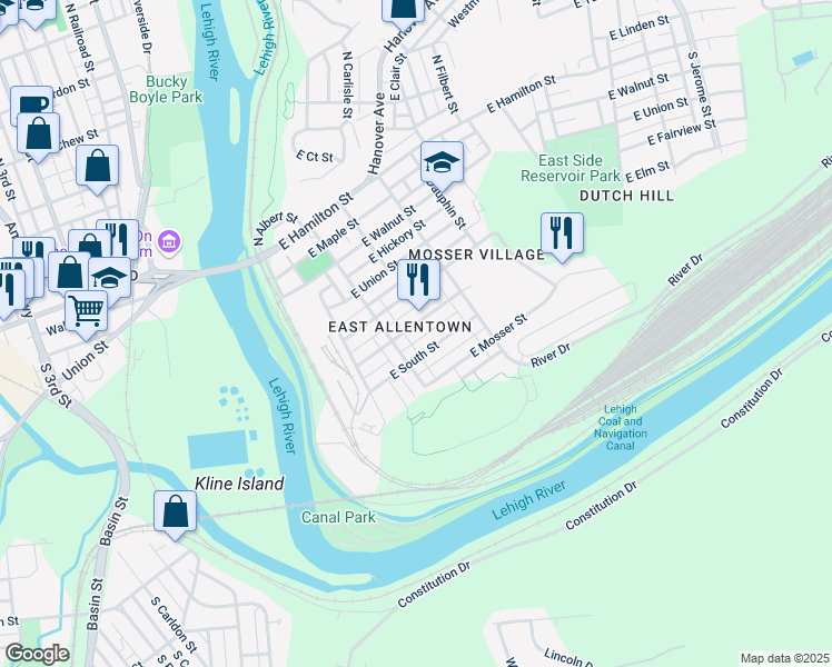 map of restaurants, bars, coffee shops, grocery stores, and more near 237 East Elm Street in Allentown