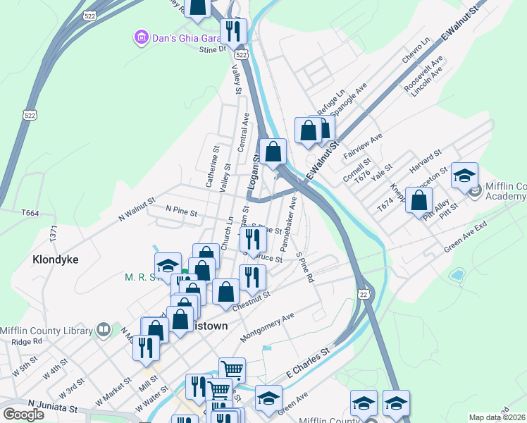 map of restaurants, bars, coffee shops, grocery stores, and more near 104 South Walnut Street in Lewistown