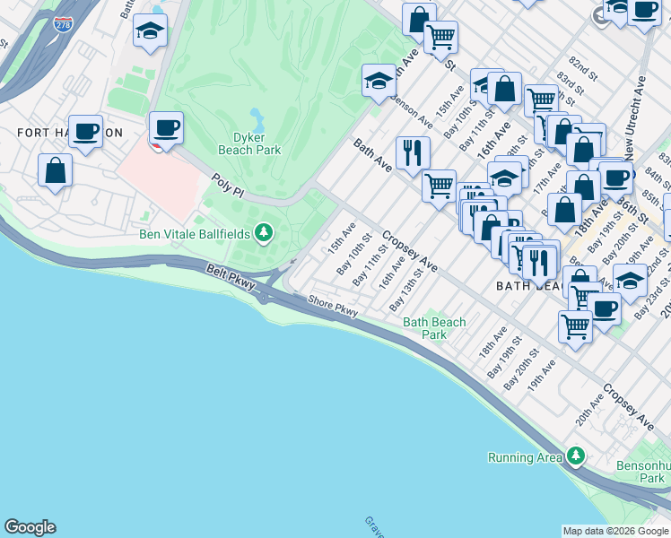 map of restaurants, bars, coffee shops, grocery stores, and more near 332 Bay 10th Street in Brooklyn