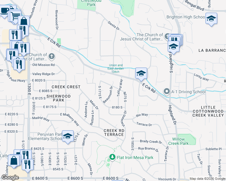 map of restaurants, bars, coffee shops, grocery stores, and more near 8081 Beaumont Drive in Sandy
