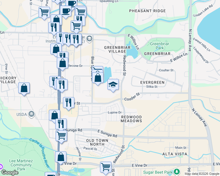 map of restaurants, bars, coffee shops, grocery stores, and more near 500 Nokomis Court in Fort Collins