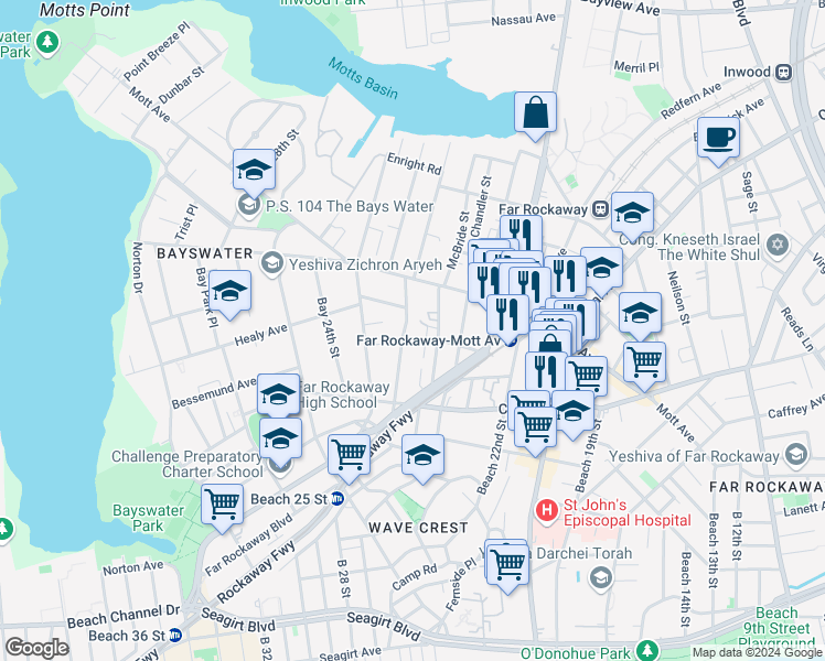 map of restaurants, bars, coffee shops, grocery stores, and more near 23-11 Healy Avenue in Queens