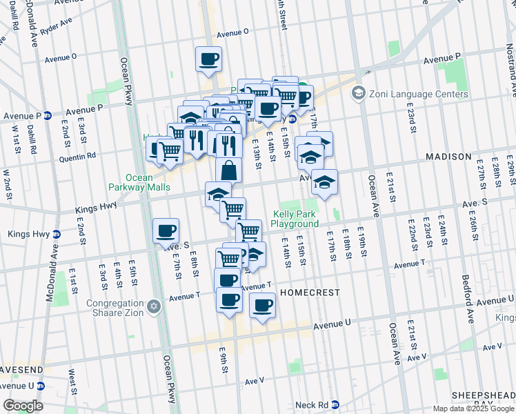 map of restaurants, bars, coffee shops, grocery stores, and more near 1815 East 12th Street in Brooklyn