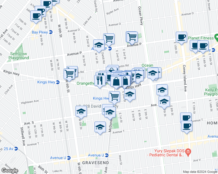 map of restaurants, bars, coffee shops, grocery stores, and more near 1950 McDonald Avenue in Brooklyn