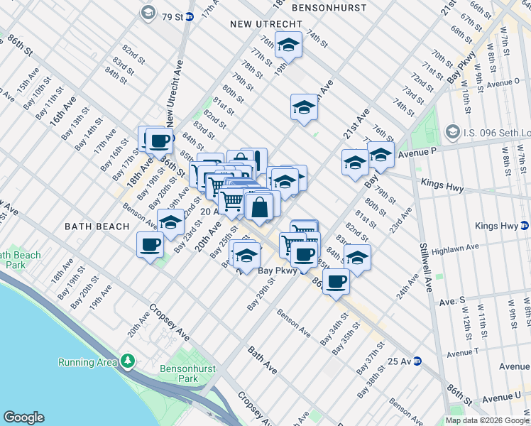 map of restaurants, bars, coffee shops, grocery stores, and more near 2032 84th Street in Brooklyn