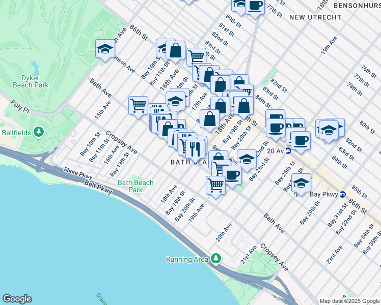 map of restaurants, bars, coffee shops, grocery stores, and more near 8753 Bay 16th Street in Brooklyn