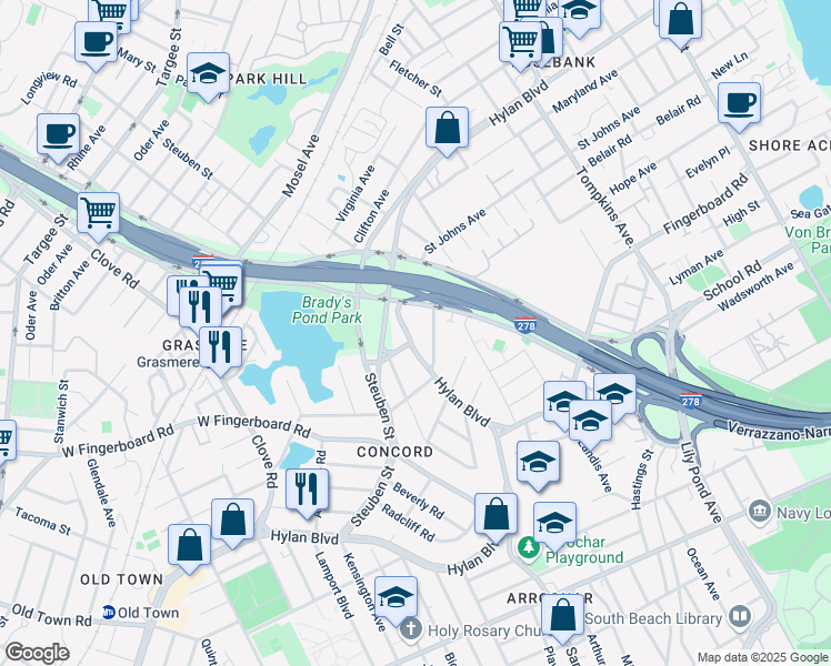map of restaurants, bars, coffee shops, grocery stores, and more near 600 Hylan Boulevard in Staten Island