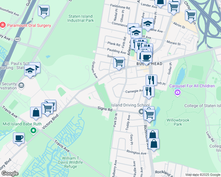 map of restaurants, bars, coffee shops, grocery stores, and more near 155 Dawson Circle in Staten Island