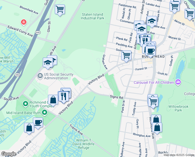 map of restaurants, bars, coffee shops, grocery stores, and more near 70C Dinsmore Street in Staten Island