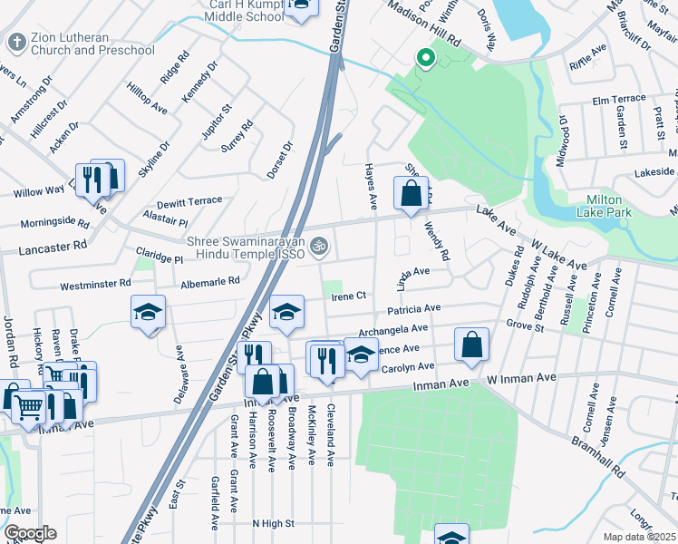map of restaurants, bars, coffee shops, grocery stores, and more near 208 Temple Way in Woodbridge Township