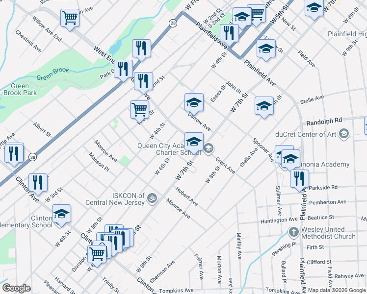 map of restaurants, bars, coffee shops, grocery stores, and more near 508 Grant Avenue in Plainfield