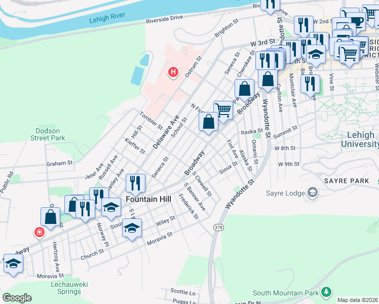 map of restaurants, bars, coffee shops, grocery stores, and more near 901 Long Street in Fountain Hill