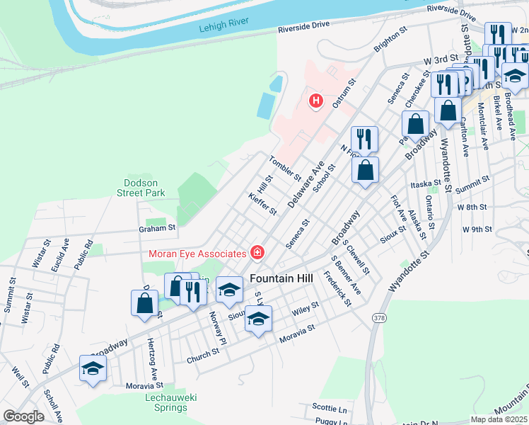 map of restaurants, bars, coffee shops, grocery stores, and more near 833 Kieffer Street in Fountain Hill