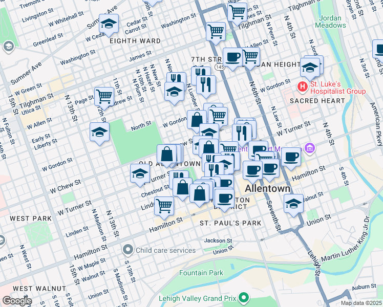 map of restaurants, bars, coffee shops, grocery stores, and more near 928 West Chew Street in Allentown