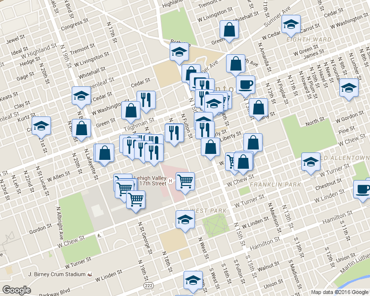 map of restaurants, bars, coffee shops, grocery stores, and more near 529 North 16th Street in Allentown